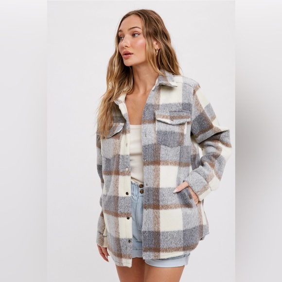 Boheme Jackets & Blazers - Boheme Plaid Shacket Jacket in Cream Brown Small